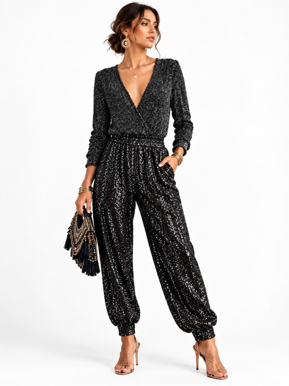 Cable & Gauge Black Sequin Jogger Pants Women’s Small Lined Pockets NWT